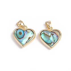 Natural Abalone Shell/Paua Shell Charms, with Golden Plated Brass Findings, Long-Lasting Plated, Heart, 12x12x3mm, Hole: 3x2.5mm(KK-L196-14B)