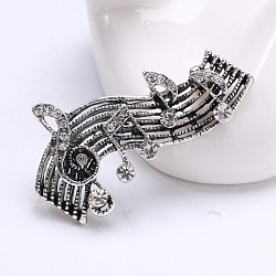 Alloy Brooches, Crystal Rhinestone Pin, Jewely for Women, Musical Note, Antique Silver, 38x23mm(PW-WG98720-02)