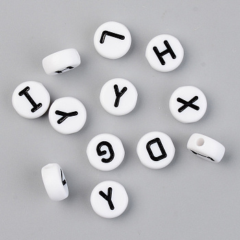 Opaque Acrylic Beads, with Enamel, Horizontal Hole, Flat Round with Initial Letter, Black, White, 9.5x4.5mm, Hole: 2mm