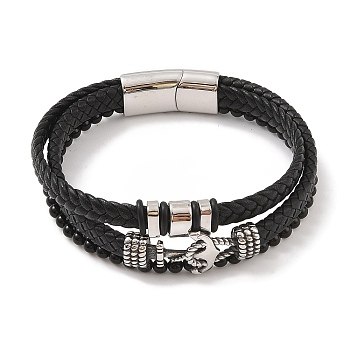 Braided Microfiber Leather Multi-strand Bracelets, Viking 304 Stainless Steel Anchor Bracelets for Men, Antique Silver, 8-5/8x7/8 inch(22x2.3cm)