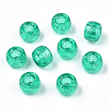 Transparent Plastic Beads, with Glitter Powder, Barrel, Medium Sea Green, 9x6mm, Hole: 3.8mm, about 1900pcs/500g