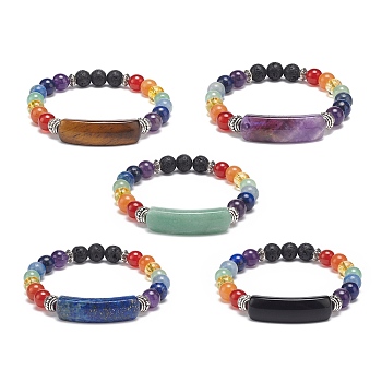 Natural Mixed Gemstone Curved Rectangle Beaded Stretch Bracelet, Yoga Jewelry for Women, Inner Diameter: 2~2-1/4 inch(5.2~5.8cm)