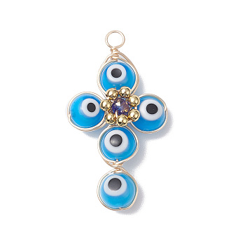 Brass Wire Wrapped Handmade Evil Eye Lampwork Pendants, with Glass Beads, Cross Charm, Dodger Blue, 40x24x8.5mm, Hole: 3mm