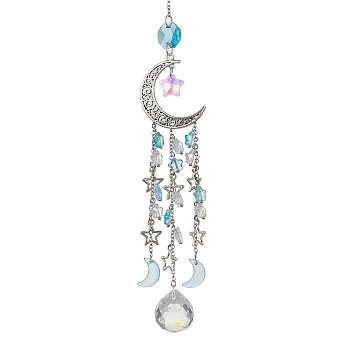 Glass Pendant Decoration, with Alloy Hollow Moon & Star Charm, for Home Decoration, Dark Turquoise, 265mm