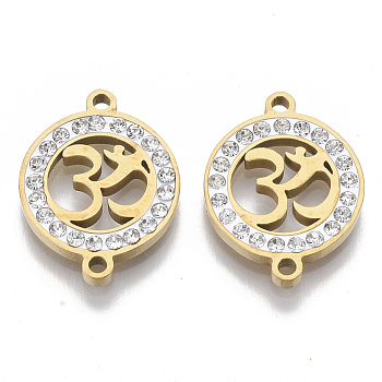 201 Stainless Steel Links connectors, with Polymer Clay Crystal Rhinestone, Flat Round with Aum/Om Symbol, Golden, 20x15x2.5mm, Hole: 1.6mm