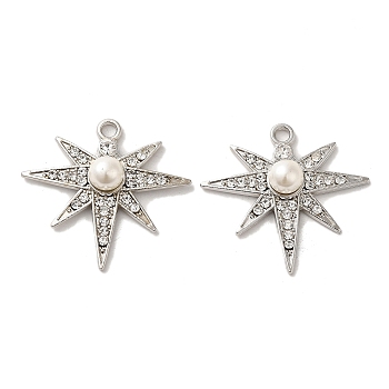 Alloy with Rhinestone Pendants, with ABS Imitation Pearl, Star Charms, Platinum, 28x29.5x7mm, Hole: 2.2mm