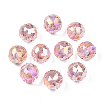Electroplate Transparent Glass Beads Strands, Half Drilled, AB Color Plated, Round, Pink, 13x12.5mm, Hole: 2.5mm