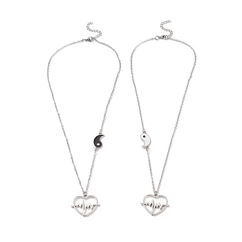 2Pcs 2 Color Enamel Yin Yang Couple Necklaces Set, Alloy Heart Beat Pendant Necklaces for Best Friends Lovers, Stainless Steel Color, 17.52 inch(44.5cm), 1Pc/style