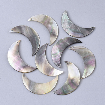 Black Lip Shell Pendants, Moon, Gray, 30x18x1.5mm, Hole: 1.2mm