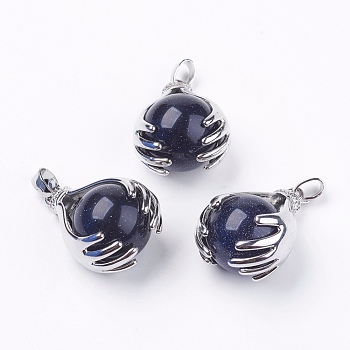 Synthetic Blue Goldstone Pendants, with Brass Findings, Palm, Platinum, Cadmium Free & Lead Free, 27x19x16mm, Hole: 4x8mm
