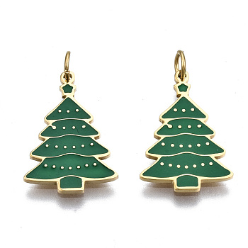 316 Surgical Stainless Steel Enamel Pendants, with Jump Rings, for Christmas, Christmas Trees, Green, Real 14K Gold Plated, 17.5x11.5x1mm, Jump Ring: 3.8x0.6mm, 2.6mm inner diameter