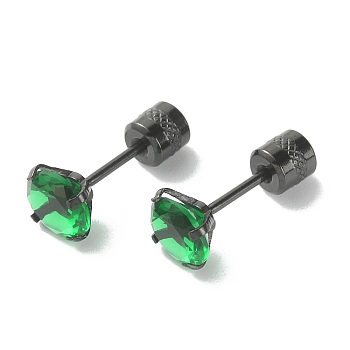 Cubic Zirconia Diamond Stud Earrings, Gunmetal Titanium Steel Jewelry for Women, Green, 6mm, Pin: 0.9mm
