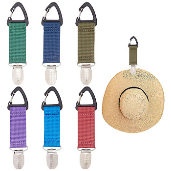 6Pcs 6 Colors Nylon Strap Band Hat Clips, with Alloy Clips, for Travel Bag Backpack, Mixed Color, 12.8x2.7x1cm, 1pc/color