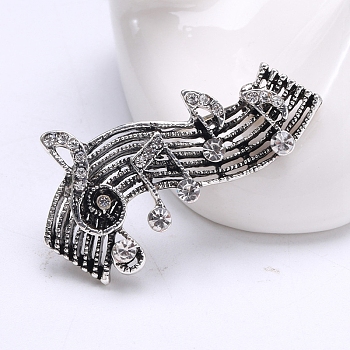 Alloy Brooches, Crystal Rhinestone Pin, Jewely for Women, Musical Note, Antique Silver, 38x23mm