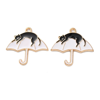 Alloy Enamel Pendants, Light Gold, Cat with Umbrella Charm, White, 25x26x1.5mm, Hole: 1.5mm