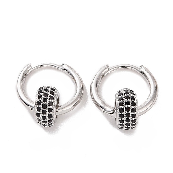 Cubic Zirconia Flat Round Beaded Hoop Earrings, Platinum Brass Jewelry for Women, Black, 19.5mm, Pin: 1.2mm
