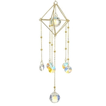 Glass Round Ball with Brass Chains Hanging Pendant Decorations, with 304 Stainless Steel Findings, Suncatchers for Party Window, Wall Display Decorations, Golden, 286mm