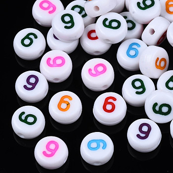 White Opaque Acrylic Beads, Flat Round with Mixed Color Number, Num.9, 7x3.5mm, Hole: 1.2mm, about 3800pcs/500g