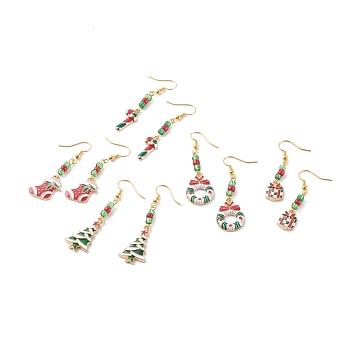Christmas Theme Alloy Enamel Dangle Earrings, with Brass Earring Hooks and Glass Seed Beads, Mixed Shapes, Golden, Mixed Color, 45.5~58mm, Pin: 0.7mm