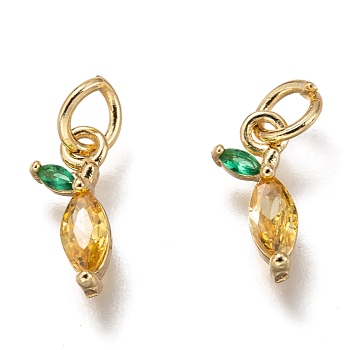 Brass Micro Pave Gold & Green Cubic Zirconia Charms, with Jump Rings, Lemon Shape, Golden, 11x5x3mm, Hole: 3mm