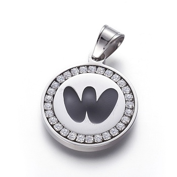 304 Stainless Steel Enamel Pendants, with Cubic Zirconia, Flat Round with Letter, Stainless Steel Color, Clear, Letter.W, 29x25x3mm, Hole: 5.5x8.5mm