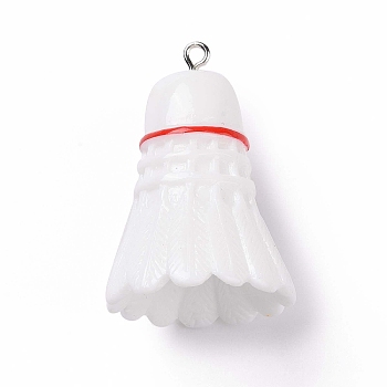 Sport Ball Theme Opaque Resin Pendants, Badminton Charms, with Platinum Plated Iron Loops, White, 37.5x26mm, Hole: 2mm