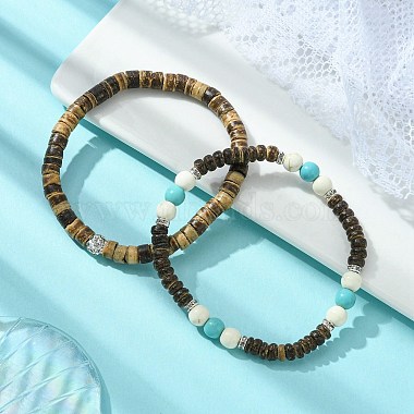 2Pcs 2 Style Synthetic Turquoise Round & Natural Coconut Disc Beaded Stretch Bracelets Set(BJEW-JB09807)-3