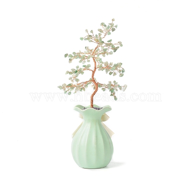 Natural Green Aventurine Chips with Brass Wrapped Wire Money Tree on Ceramic Vase Display Decorations(DJEW-B007-01E)-2