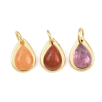 Natural Mixed Stone Pendants, Brass Teardrop Bezeled Charms, Real 18K Gold Plated, Long-Lasting Plated, Cadmium Free & Lead Free, Rack Plating, Dyed & Heated, 11x8x5mm, Hole: 3mm(GG-CBA110A-07G)