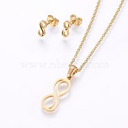 304 Stainless Steel Jewelry Sets, Stud Earrings and Pendant Necklaces, Infinity, Golden, Necklace: 17.7 inch(45cm), Stud Earrings: 9.5x4x1.2mm, Pin: 0.8mm(SJEW-O090-10G)