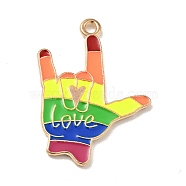 Rainbow Color Alloy Enamel Pendants, Love You Gesture with Word Love, Light Gold, Colorful, 28.5x21x1.5mm, Hole: 1.6mm(ENAM-G208-19KCG)