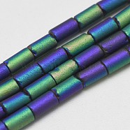 Electroplate Glass Beads Strands, Rainbow Plated, Frosted, Tube, Indigo, 4~5x2~3mm, Hole: 0.5mm, about 100pcs/strand, 19.68 inch(EGLA-Q080-09)