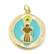 Rack Plating Brass Enamel Pendants, with Jump Ring, Long-Lasting Plated, Cadmium Free & Lead Free, Real 18K Gold Plated, Flat Round with Saint Charm, Dark Turquoise, 24x19.5x2.5mm, Hole: 3mm(KK-Q784-29G)