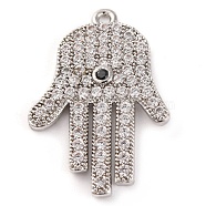 Rack Plating Brass Micro Pave Cubic Zirconia Pendants, Cadmium Free & Lead Free, Long-Lasting Plated, Hamsa Hand, Platinum, 26x17.5x2.5mm, Hole: 1.2mm(KK-Z070-10P)