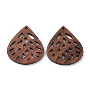 Walnut Wood Laser Cut Pendants, Hollow Charms, Undyed, Teardrop, 34x28.5x2.4mm, Hole: 1.6mm(WOOD-Q051-03H)