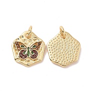 Rack Plating Brass Charms, with Enamel and Jump Ring, Cadmium Free & Lead Free, Long-Lasting Plated, Hexagon with Butterfly Pattern, Real 18K Gold Plated, 14.5x13x2mm, Jump Ring: 5x1mm, Inner Diameter: 3mm(ZIRC-C042-01G)
