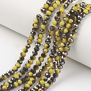 Electroplate Opaque Glass Beads Strands, Half Black Plated, Faceted, Rondelle, Yellow, 2x1.5mm, Hole: 0.4mm, about 195pcs/strand, 11 inch(28cm)(EGLA-A034-P1mm-P06)