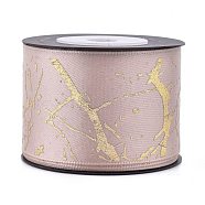 Polyester Satin Ribbon, with Golden Hot Stamping, Pink, 1-1/2 inches(38mm), about 10yards/roll(9.14m/roll)(SRIB-J004-01)