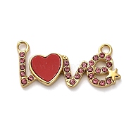 304 Stainless Steel Rose Rhinestone Word LOVE Connector Charms, with Acrylic, Real 14K Gold Plated, Ion Plating(IP), Dark Red, 12.5x26.5x2mm, Hole: 1.8mm(STAS-R160-03G)