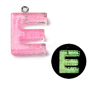 Luminous Resin Pendants, Glow in the Dark, with Platinum Plated Loop, Letter, Letter E, 23.5x17x5mm, Hole: 1.8mm(RESI-I059-E01)