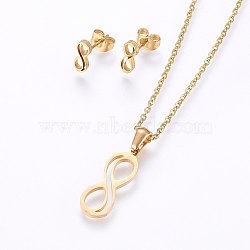 304 Stainless Steel Jewelry Sets, Stud Earrings and Pendant Necklaces, Infinity, Golden, Necklace: 17.7 inches(45cm), Stud Earrings: 9.5x4x1.2mm, Pin: 0.8mm(SJEW-O090-10G)