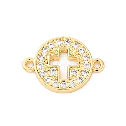 Brass Micro Pave Clear Cubic Zirconia Connector Charms, Flat Round with Hollow Cross Links, Real 16K Gold Plated, 13x18x1.5mm, Hole: 1.3mm(KK-S510-05G)