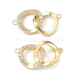 Rack Plating Brass Micro Pave Clear Cubic Zirconia Connector Charms, Dual Ring Links, Real 18K Gold Plated, 10x20x3mm, Hole: 1mm(KK-B072-25G)