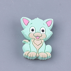 Food Grade Eco-Friendly Silicone Focal Beads, Kitten, Chewing Beads For Teethers, DIY Nursing Necklaces Making, Cat, Aquamarine, 29.5x22x8mm, Hole: 2mm(SIL-T052-02A)