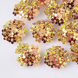 PVC Paillette Cabochons, Cluster Beads, with Glass Seed Beads and Golden Plated Brass Perforated Disc Settings, Flower, Orange, 20~23x10~11mm(FIND-S321-01J)