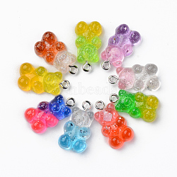 Transparent Resin Pendants, with Glitter Powder and Platinum Tone Iron Loop, Bear, Mixed Color, 21x11x7mm, Hole: 1.8mm(X-RESI-R429-31)