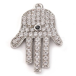 Rack Plating Brass Micro Pave Cubic Zirconia Pendants, Cadmium Free & Lead Free, Long-Lasting Plated, Hamsa Hand, Platinum, 26x17.5x2.5mm, Hole: 1.2mm(KK-Z070-10P)