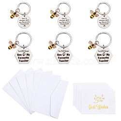 6Pcs 2 Style Teachers' Day Phrase Bees Pendant Keychains, with 6Pcs Paper Greeting Card and 6Pcs Colored Blank Mini Paper Envelopes, Stainless Steel Color, 5cm(KEYC-NB0001-55)