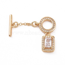 Brass Pave Clear Cubic Zirconia Toggle Clasps, Ring with Rectangle, Real 18K Gold Plated, Bar: 14x17x1.5mm, Hole: 2mm, Rectangle: 12x21.5x5mm, Hole: 1.2mm(KK-E068-VC183)