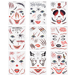 9 Sheets 9 Styles Halloween Temporary Face Tattoos, Plastic Face Scar Eye Stickers for Halloween Party Face Decoration, Halloween Themed Pattern, 210x150x0.2mm, 1 sheet/style(STIC-WH0003-005)